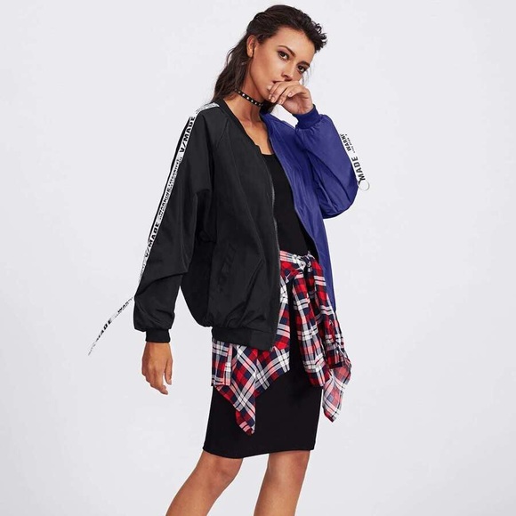 SHEIN Jackets & Blazers - Two Toned Bomber Jacket—Patch Black Ribbon Detail 🟣